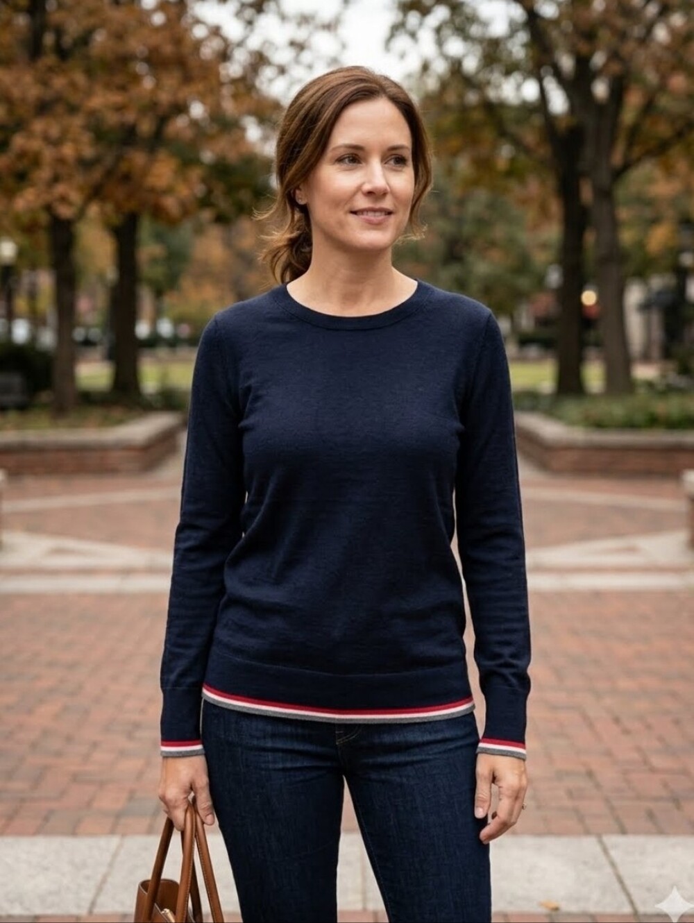 Banana Republic Washable Merino Wool Crew Neck Sweater Navy Blue Stripe Medium M